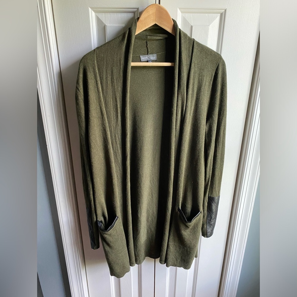 Market & Spruce Green Open Front Cardigan Sweater Faux Leather Trim Size Small